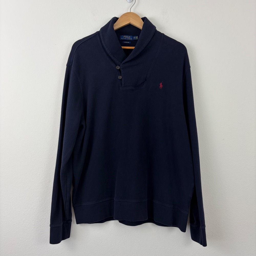 Polo Ralph Lauren Mens XL‎ Estate Rib Shawl Collar Navy Blue Pullover Sweater
